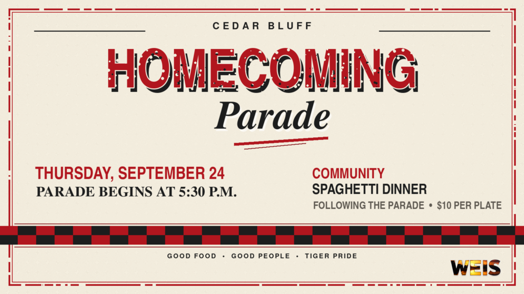 Cedar Bluff homecoming parade header with Sept. 24 event details and subtle WEIS branding