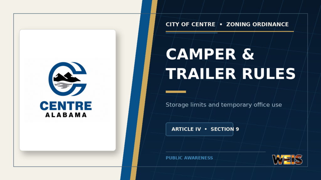 Centre camper zoning ordinance rules for stored trailers and temporary construction offices.