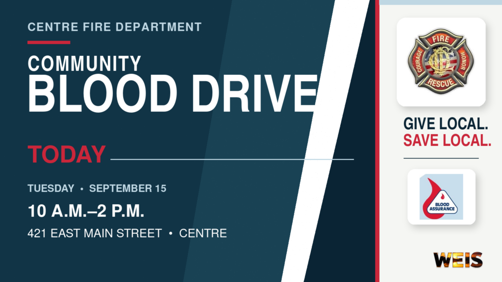 Community blood drive today at Centre Fire Department
