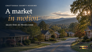 Chattooga County home sales news graphic featuring a residential neighborhood beneath Appalachian foothills.