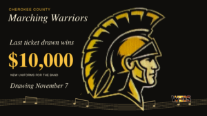 Black-and-gold Cherokee County Marching Warriors fundraiser header with $10,000 prize, Nov. 7 date and small WEIS logo.