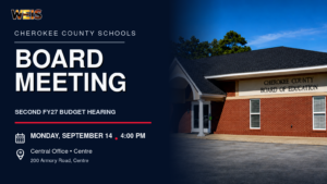 Cherokee County Board of Education meeting and second FY27 budget hearing set for Monday, Sept. 14, at 4 p.m.