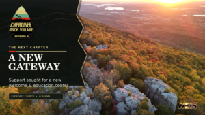 Cherokee Rock Village welcome center support graphic over an aerial sunset view of the park