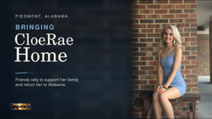 Effort to bring CloeRae McBrayer home to Alabama, shown with her photograph in a WEIS News header.