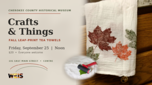Cherokee County leaf printing workshop header featuring a fall tea towel and printing tools.