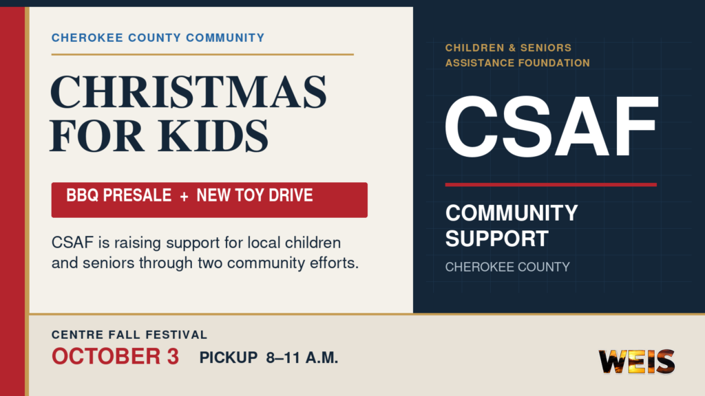 CSAF Christmas for Kids fundraiser header promoting the barbecue presale and new-toy drive in Cherokee County