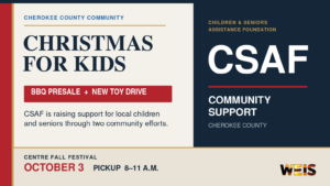 CSAF Christmas for Kids fundraiser header promoting the barbecue presale and new-toy drive in Cherokee County