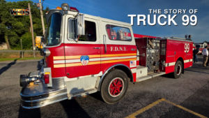 Truck 99, the historic red-and-white Mack fire engine now serving Ellisville, before Cherokee County’s 9/11 remembrance procession.