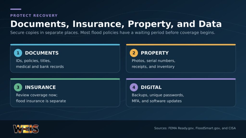 Emergency recovery checklist covering important documents, property inventories, insurance, backups, passwords, and multifactor authentication.