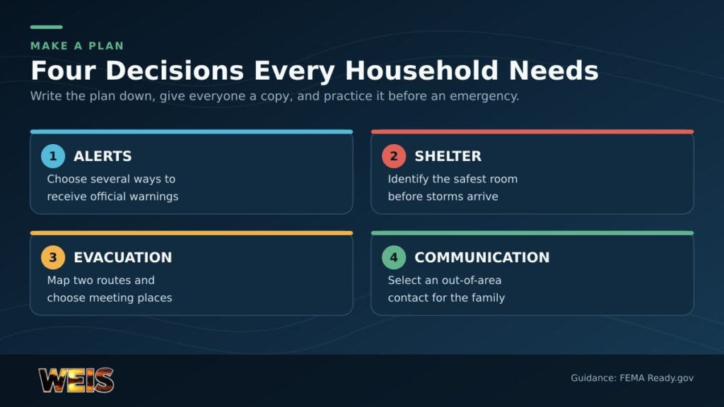 Family emergency-planning checklist covering alerts, shelter, evacuation, and communication.