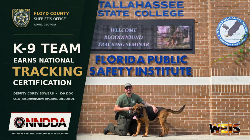 Floyd County K9 team certification header featuring Deputy Corey Bowers and K9 Doc at the Florida Public Safety Institute.
