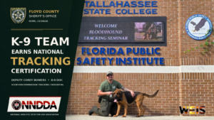 Floyd County K9 team certification header featuring Deputy Corey Bowers and K9 Doc at the Florida Public Safety Institute.