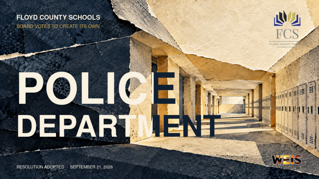 Floyd County Schools logo above an editorial illustration of a paper-cut school corridor and the words “Police Department.”