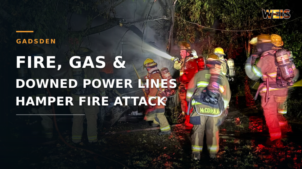 Gadsden outbuilding fire header showing firefighters at a scene involving natural gas and downed power lines.
