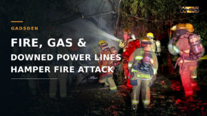 Gadsden outbuilding fire header showing firefighters at a scene involving natural gas and downed power lines.