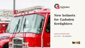 Gadsden fire truck beside a headline about new helmets, with the city logo, grant details, and a small WEIS mark.
