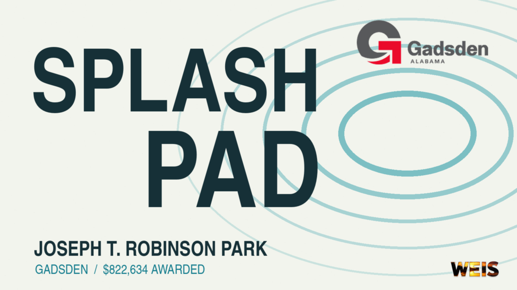 Editorial graphic for the Gadsden splash pad grant, with the city’s official G logo, water ripples, and Joseph T. Robinson Park text.