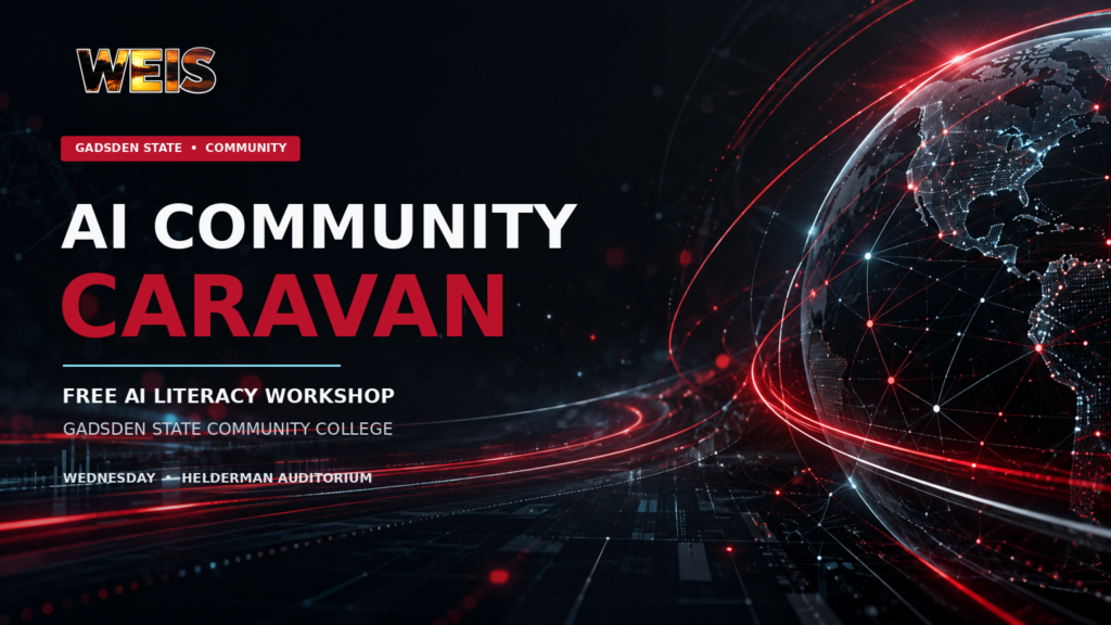 Abstract red and black AI network graphic for Gadsden State Community College’s AI Community Caravan workshop.