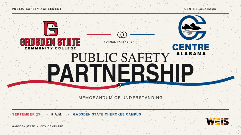 Gadsden State and Centre public safety partnership header featuring both official logos and subtle WEIS branding.