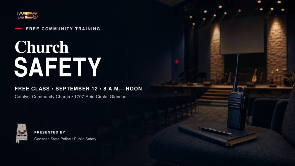 Free church safety class header showing a two-way radio and notebook inside a church sanctuary in Glencoe.