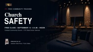 Free church safety class header showing a two-way radio and notebook inside a church sanctuary in Glencoe.