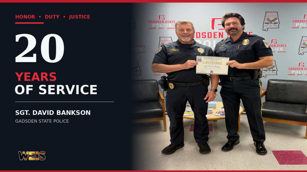 Sgt. David Bankson receives recognition for 20 years of law enforcement service with the Gadsden State Police Department.