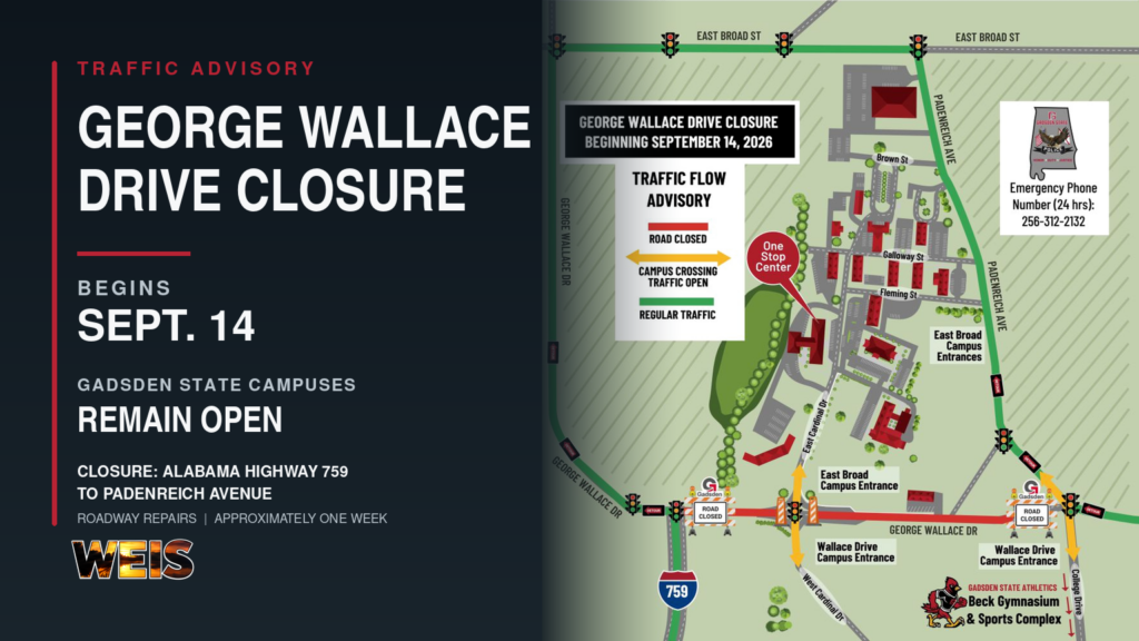 George Wallace Drive closure map showing Gadsden State campus access routes beginning Sept. 14, 2026