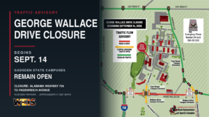 George Wallace Drive closure map showing Gadsden State campus access routes beginning Sept. 14, 2026