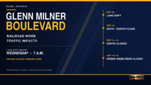 Glenn Milner Boulevard railroad work schedule showing Rome traffic impacts from September 9 through 16.