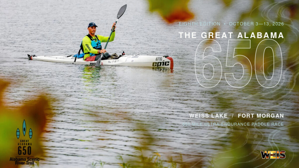 Great Alabama 650 race header featuring a kayaker and the 2026 route from Weiss Lake to Fort Morgan.