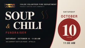Ivalee Volunteer Fire Department soup and chili fundraiser header with the Oct. 10 date and 11 a.m. start time.