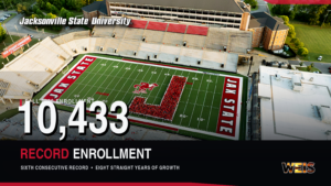 Jacksonville State University students form a large J on the football field above the words “10,433 Record Enrollment,” with subtle WEIS branding.