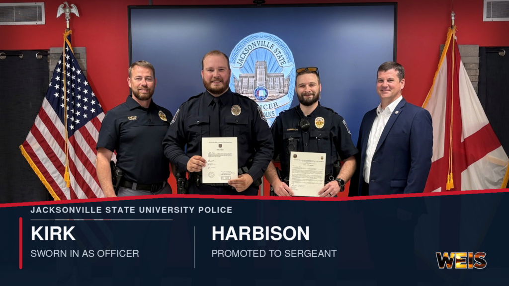 Jacksonville State University Police personnel and officials with Officer Kirk and Sergeant Harbison