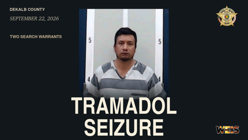 Kilpatrick tramadol search news header with Porfirio Ambrocio-Diaz’s booking photo and the DeKalb County sheriff’s badge.