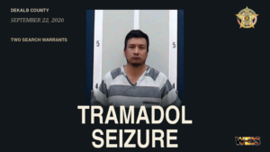 Kilpatrick tramadol search news header with Porfirio Ambrocio-Diaz’s booking photo and the DeKalb County sheriff’s badge.