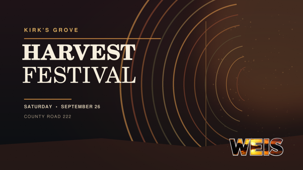 Kirk’s Grove Homemakers Club Harvest Festival graphic featuring the event date and County Road 222 location.