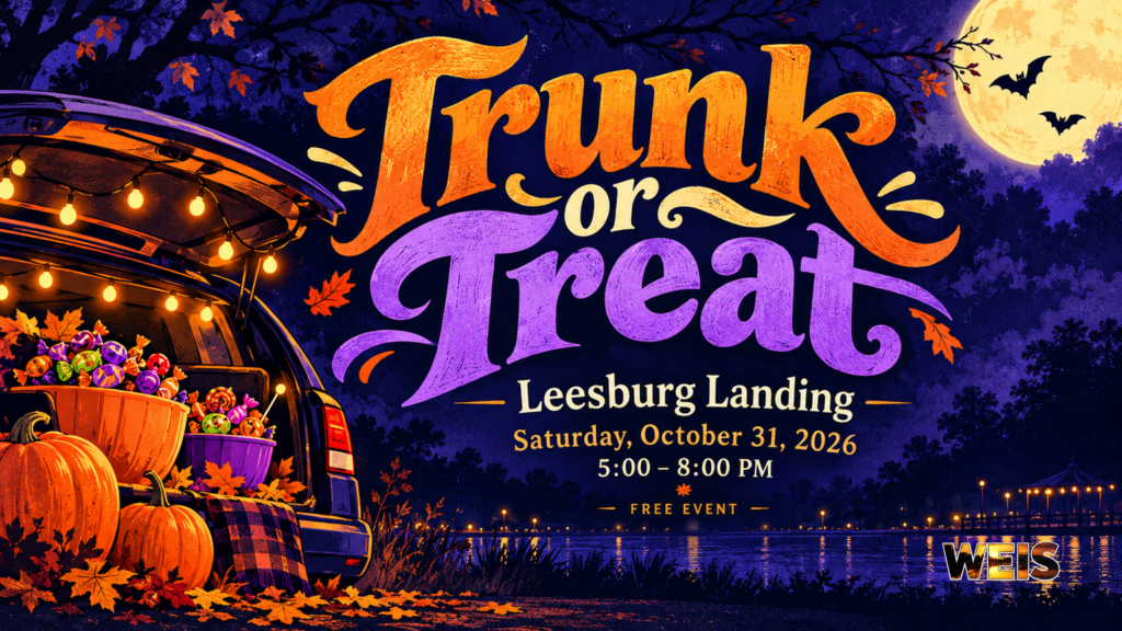 Leesburg Landing Trunk-or-Treat header with orange and purple lettering, a candy-filled trunk, pumpkins, and a moon.