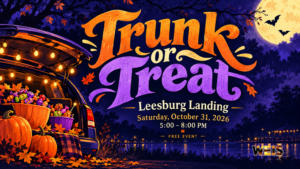 Leesburg Landing Trunk-or-Treat header with orange and purple lettering, a candy-filled trunk, pumpkins, and a moon.