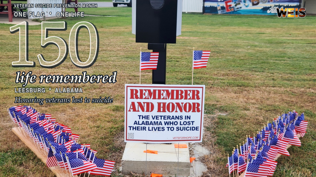Leesburg veteran suicide awareness display with 150 American flags honoring Alabama veterans