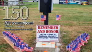 Leesburg veteran suicide awareness display with 150 American flags honoring Alabama veterans