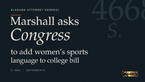 Typographic header about Steve Marshall seeking women’s sports language in a college sports bill, with S. 4668 and a small WEIS logo.