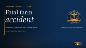 McCord’s Crossroads farm accident news header featuring the official Cherokee County Coroner’s Office seal.