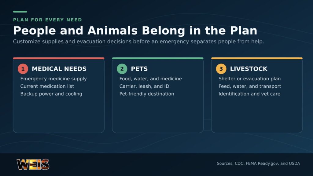 Preparedness considerations for medical needs, household pets, and livestock.