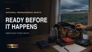 Emergency supplies prepared inside a home during National Preparedness Month as storm clouds approach.