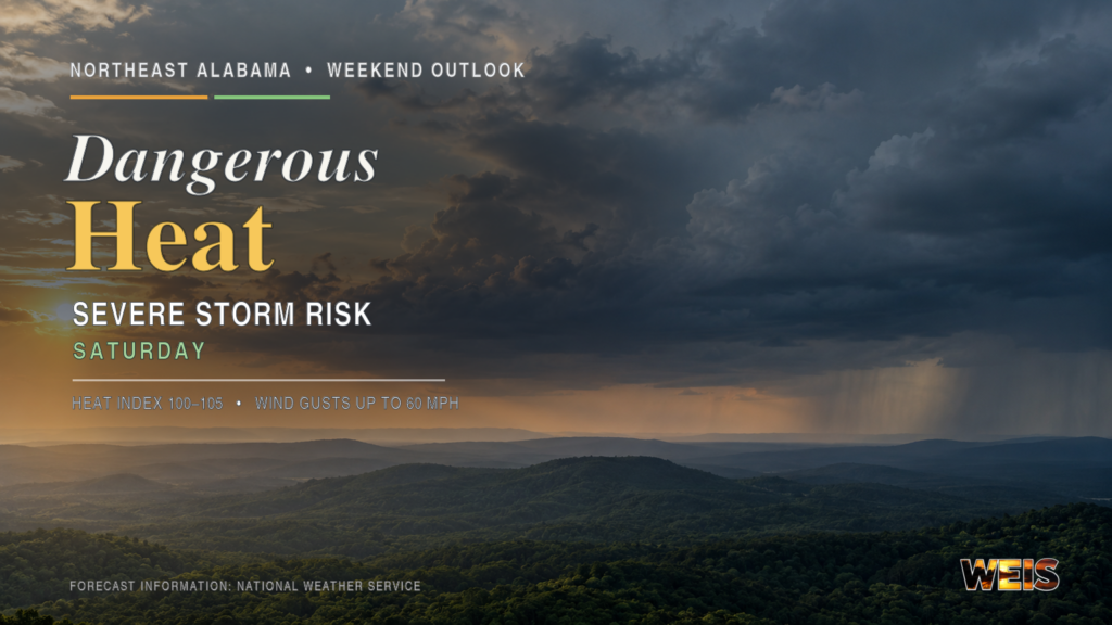 Northeast Alabama weekend weather header showing dangerous heat transitioning into an approaching storm, with a Saturday severe-storm risk.