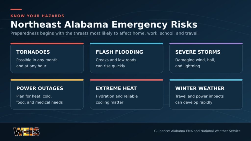 Six emergency risks in Northeast Alabama, including tornadoes, flooding, severe storms, outages, extreme heat, and winter weather.