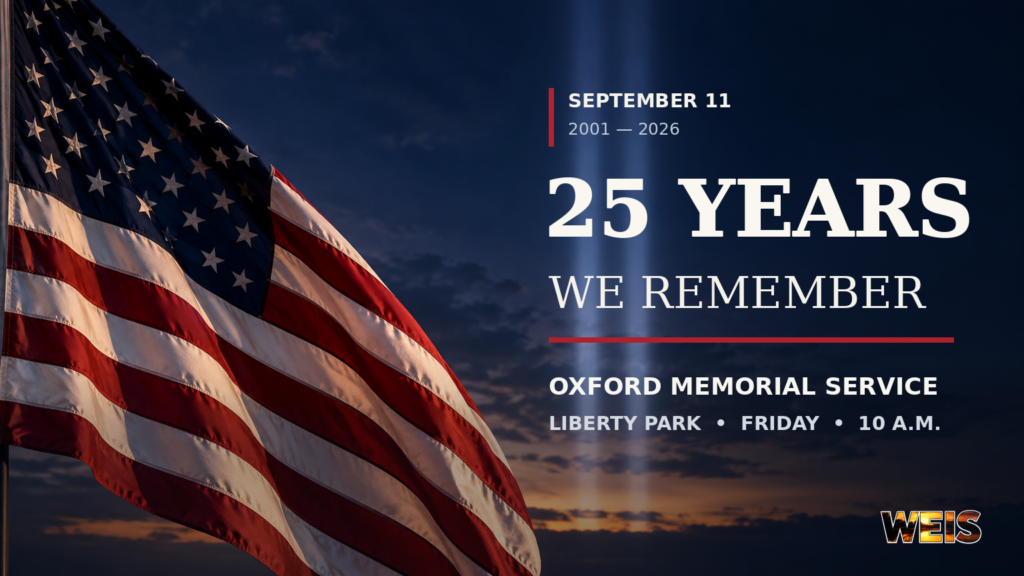 Oxford 9/11 memorial service header featuring an American flag and twin memorial beams for the 25th anniversary.