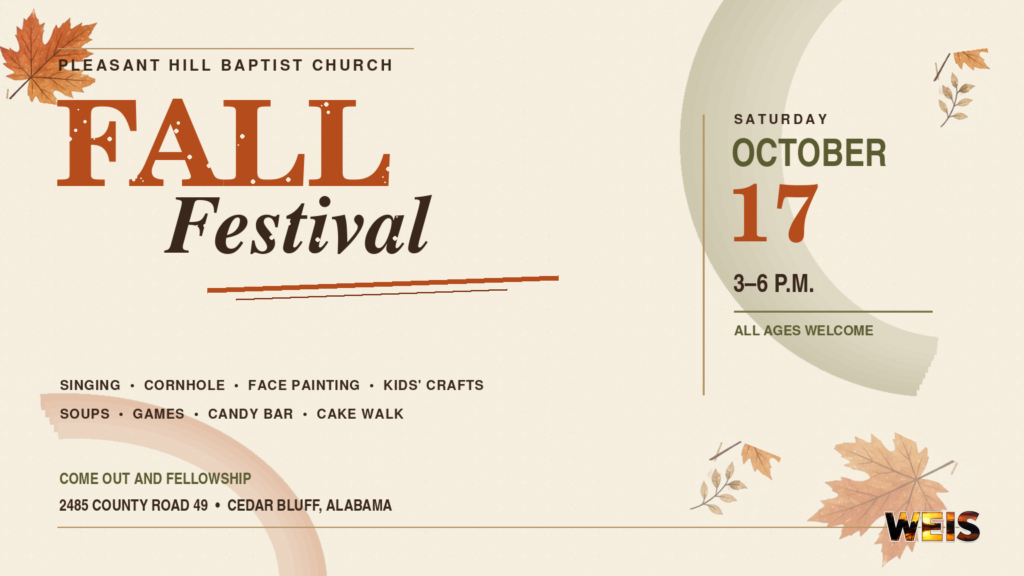 Pleasant Hill fall festival header with autumn leaves, Oct. 17 event details, and subtle WEIS branding.