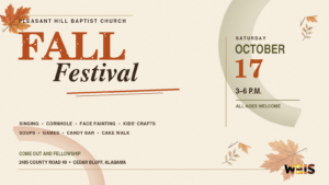 Pleasant Hill fall festival header with autumn leaves, Oct. 17 event details, and subtle WEIS branding.