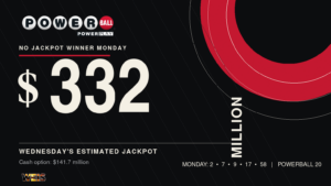 Powerball $332 million jackpot news header for the Wednesday drawing